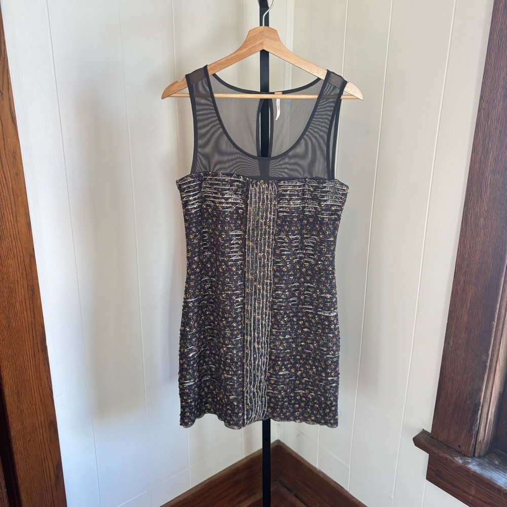 Free People Women’s Medium Gray Floral Mesh Ruffle Shimmy Bodycon Mini Dress